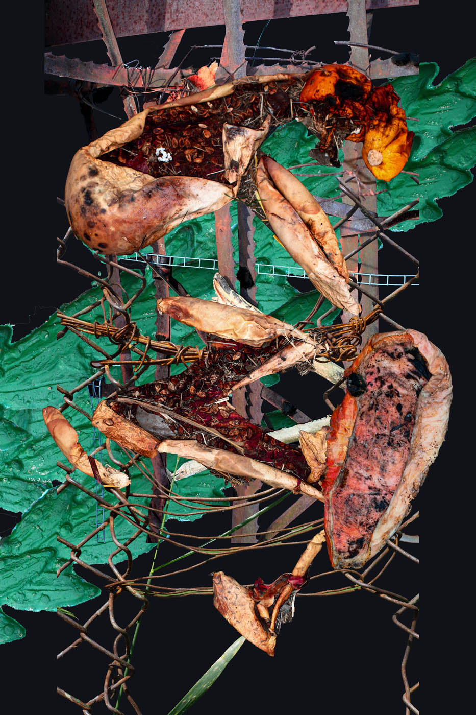 Rotten melons, broken metalworks, green leaves from the gravestone, collaged.